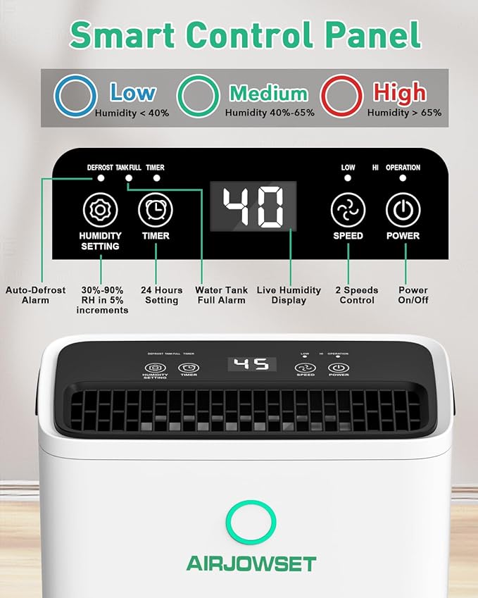 Dehumidifier for Home 2500 Sq.Ft, AIRJOWSET 30 Pints Dehumidifiers 0.6 Gallon Water Tank with Drain Hose and 24H Timer Adjustable Humidity, Dehumidifier for Basement Bedroom Bathroom - Image 8