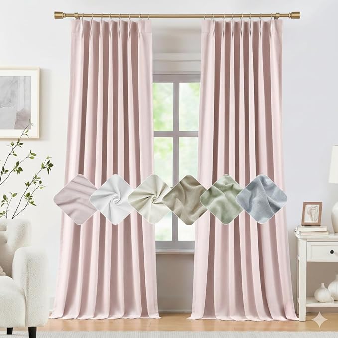 Kayne Studio Soft Pink Pinch Pleated Full Blackout Curtains 102", Linen Blend Thermal Insulated Soundproof Room Darkening Back Tab Window Drapes with Hooks for Living Room Bedroom(2 Panels, 40"x102") by KayneStudio