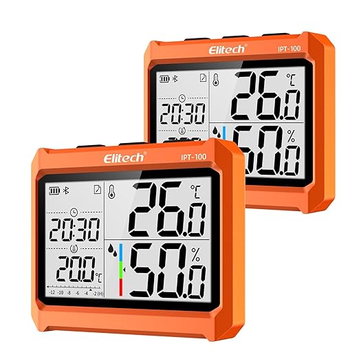 Elitech 2Pack Digital Bluetooth Hygrometer Thermometer, Refrigerator Thermometer with Free APP, Real-Time Temperature Humidity Monitor, PDF&CSV Data Export, IPT-100S with External Probe by Elitech