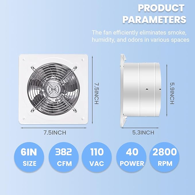 6 inch Exhaust Fan, 382CFM Wall Mounted Vent Fans, Ventilation Fan Bathroom Garage Attic Exhaust Fan Ceiling and Wall Mount Fan for Kitchen/Bathroom, 110V 40W - Image 3