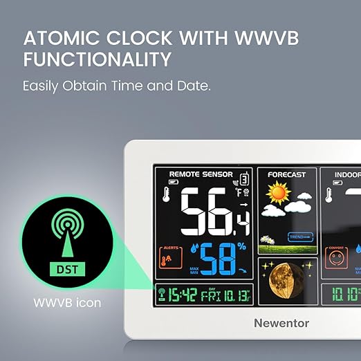 Newentor Weather Station Wireless Indoor Outdoor Thermometer, Color Display Digital Weather Thermometer with Atomic Clock, Barometric Pressure, Forecast Station with Adjustable Backlight,White,3Sensor - Image 2