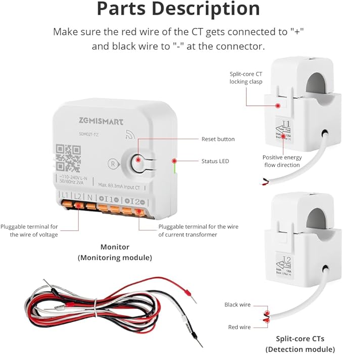 Smart Home Energy Monitor with 2 x 120A CTs, Live Electricity Usage Tracking, Supports Single-Phase 3-Wire System, Works with Home Assistant & Zigbee2MQTT (Zigbee Version) - Image 6