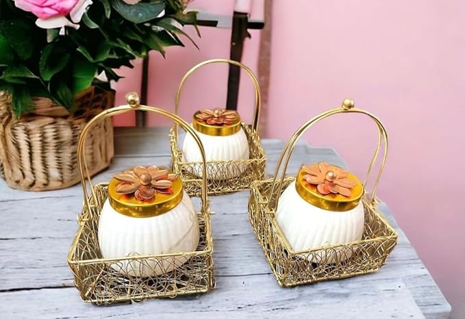 Set of 5 Wholesale Lot Dry Fruit Jar with Golden Net Basket and Lid 4 Inch, Return Gifts, Serving Bowls/Jars for Parties, Wedding Gifts - Image 3