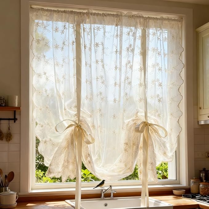 Beige Romantic Little Floral Woven Lace Tie Up Balloon Curtain for Kitchen Liftable Tier Roman Blind Victorian Drapes for Small Window Cafe Balcony Rod Pocket 1 Panel (55Wx39L inch) by YIPINXIU