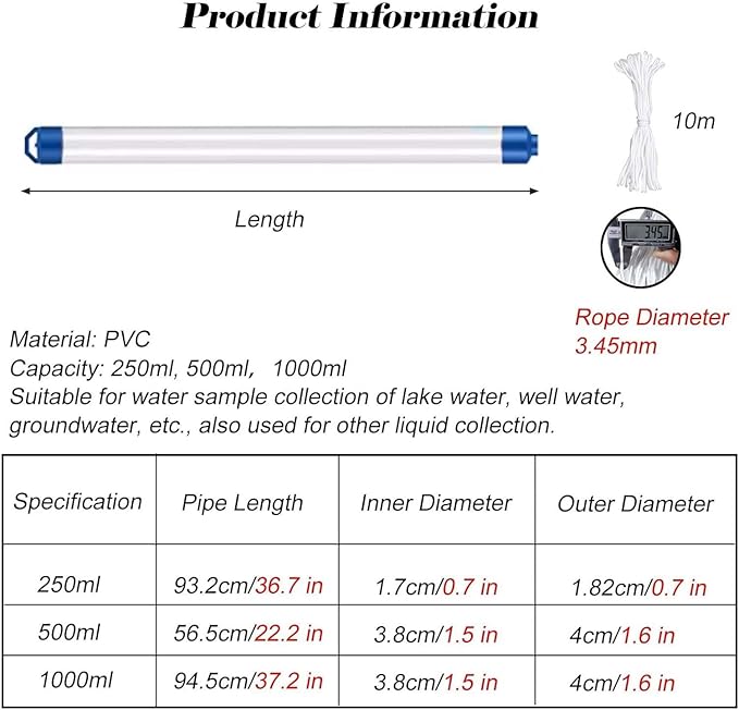 PVC Water Sampling Device, Lake Water Sample Collector 250 500 1000ml with 32.8ft Rope & 1 Throttle Valve, Deepwater Sampler Environmental Monitoring，500ml，2 Pieces - Image 2