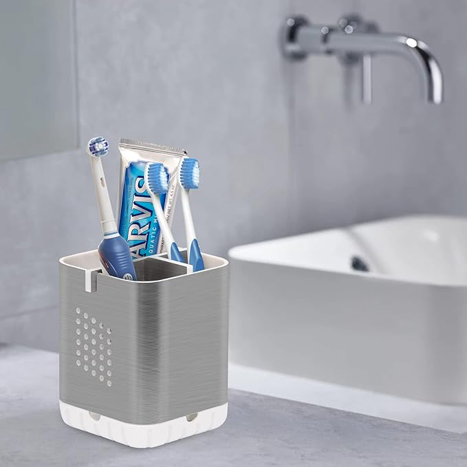 Boperzi Toothbrush Holder Toothpaste Organizer Drainage for Bathroom Vanity, Detachable Anti-Slip Brushed Nickel Toothpaste Storage Caddy 3 Slots with Drainage Holes for Makeup Brush Razor Stand - Image 2