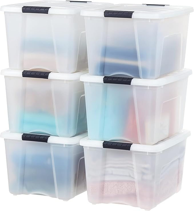 IRIS USA 40 Qt Stackable Plastic Storage Bins with Lids, 6 Pack - BPA-Free, Made in USA - Discreet Organizing Solution, Latches, Durable Nestable Containers, Secure Pull Handle - Pearl by IRISUSA