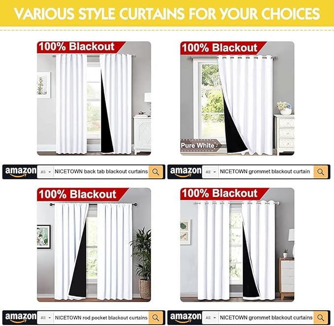NICETOWN White 100% Blackout Lined Curtains, 2 Thick Layers Completely Blackout Window Treatment Thermal Insulated Drapes for Kitchen/Bedroom (1 Pair, 52 inches Width x 63 inches Length Each Panel) - Image 8