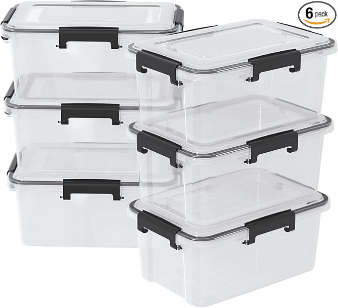 12 Quart Plastic Gasket Box with Tight Latch and Seal, Storage Bins with Snap Lid, Clear Latching Storage Box, 6 Packs by Xeabia