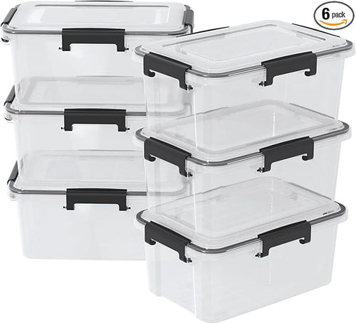 12 Quart Plastic Gasket Box with Tight Latch and Seal, Storage Bins with Snap Lid, Clear Latching Storage Box, 6 Packs by Xeabia