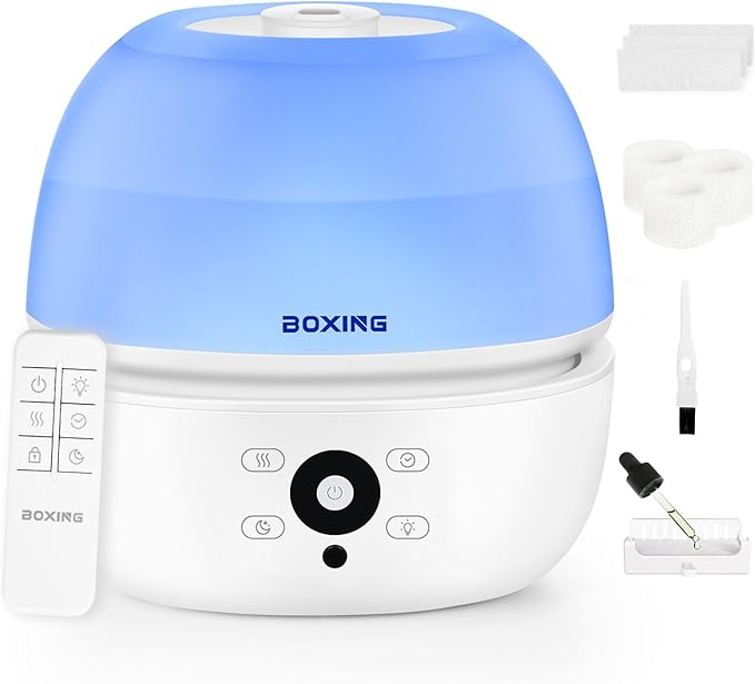 BOXING Top Fill Humidifiers for Bedroom Baby with Easy Remote, 20dB Quiet Cool Mist Air Humidifier for Large Room Home & Indoor Plants, 7 Color Night Light, Essential Oil Tray, Timer, Sleep Mode,3L by BOXING