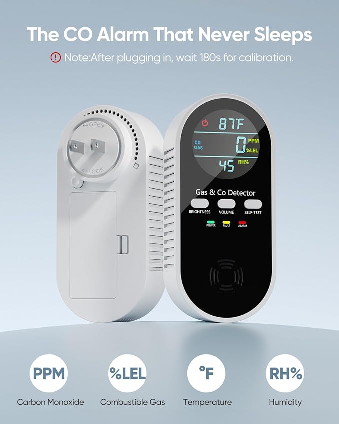 5-in-1 Carbon Monoxide Detectors, Natural Gas Leak Detector, Plug-in & Battery Backup Portable Co Detector, Co Gas Temp Humidity Sensor, HD Display Screen Vilfet, 1-Pcs, Black - Image 2