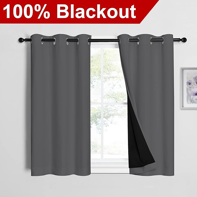 NICETOWN Grey 100% Blackout Room Warming Curtains 45 inches Long, Thermal Insulated Full Blackout 2-Layer Lined Curtains, Energy Efficiency Window Draperies for Dining Room (2 Panels, 42-inch W) - Image 2
