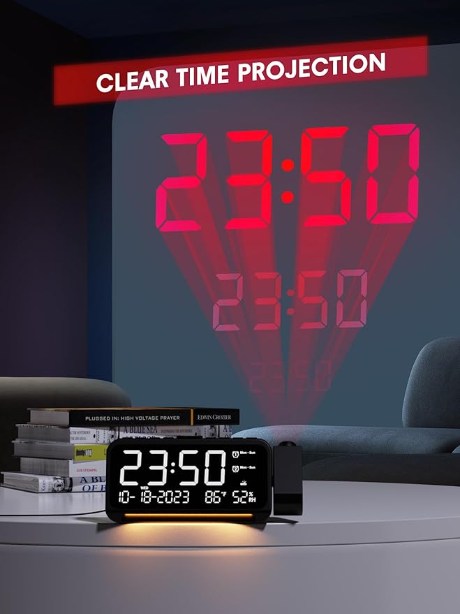 Mesqool Projection Alarm Clock for Bedroom, Digital Clock with Projection on Ceiling with Night Light, Date, Temperature, Humidity, Type-C USB Charger, Snooze, Dual Alarms, Dimmer,12/24H - Image 3