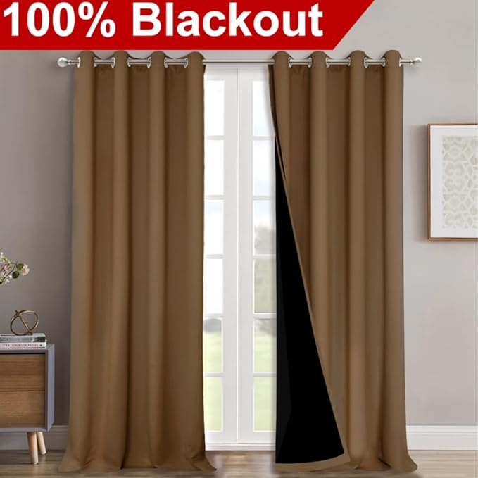 NICETOWN 100% Blackout Blinds, Set of 2, 46" x 102", Gold Brown, Laundry Room Decor Window Treatment Curtains for Large Patio Sliding Door, Thermal Insulated Curtains for Bedroom - Image 2