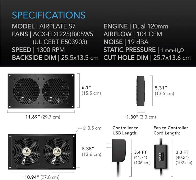 AC Infinity AIRPLATE S7, Quiet Cooling Fan System 12" with Speed Control, for Home Theater AV Cabinets - Image 5