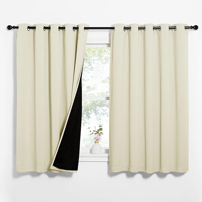 NICETOWN Living Room Completely Shaded Draperies, Privacy Protection & Noise Reducing Ring Top Drapes, Black Lined Insulated Window Treatment Curtain Panels (Beige, 2 Pieces, W62 x L63) by NICETOWN