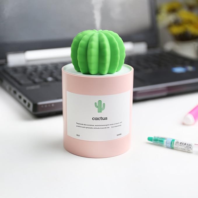 Mini Humidifier, 280ml USB Cool Mist Portable Cactus Air humidifier, Ultra-Quiet Operation for Bedroom Home Office Yoga Car Travel(Pink) - Image 2