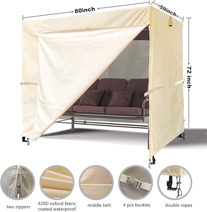 Outdoor Swing Cove, Triple Seater Hammock, UV Resistant Garden Swing (80 * 59 * 72 Inch), Beige - Image 2