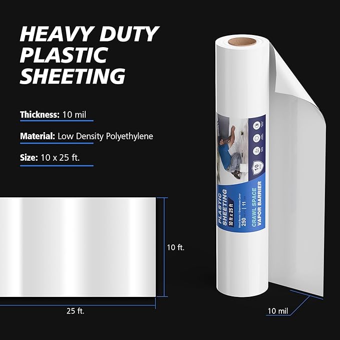 Crawl Space Vapor Barrier - 10 mil (10' x 25'), Thick Plastic sheeting, Drop Cloth Moisture Barrier Covering for Crawl Space Encapsulation, Heavy Duty Polyethylene Film, Black and White Panda Film - Image 3
