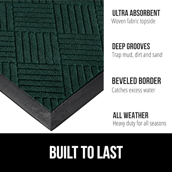 GORILLA GRIP 100% Waterproof All-Season WeatherMax Doormat US Designed Natural Rubber, Stain and Fade Resistant, Low Profile Indoor Outdoor Door Mats, Easy Clean Patio Mat, 17x29, Green Diamond - Image 2
