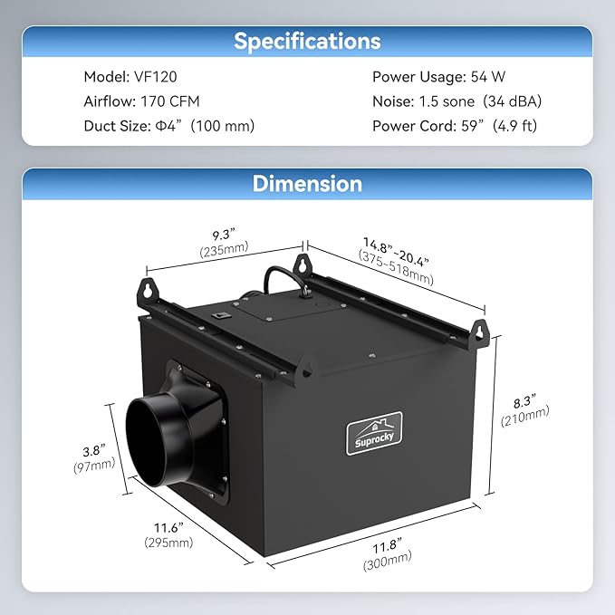 170CFM Ultra Quiet Bathroom Exhaust Fan, Remote Mount In Line Fan VF120, Exhaust Ventilation Fan for Bathroom, Kitchen, Garage and ResidentialVentilation Applications, Black - Image 5