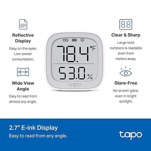Tapo Smart Temperature and Humidity Monitor, 2.7" E-Ink Display, Swiss-Made Sensor, Real-Time Notification, Visual Graphics, Hub Required, White (T315) - Image 3