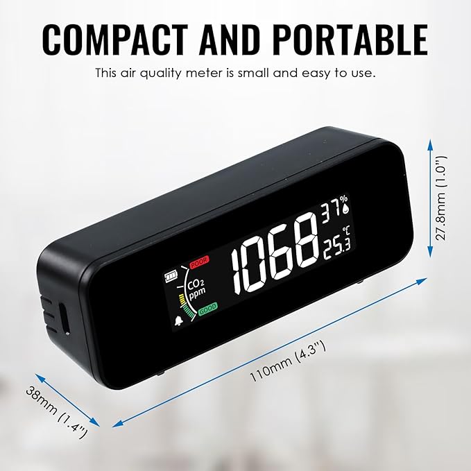 CO2 Monitor CO2 Meter Detector, Rechargeable Indoor Air Quality Monitor with CO2 Alarm, LCD Display, NDIR Sensor, Temp & Humidity Measurement, 3 Color Indicator for Indoor, Home, Office, School - Image 8