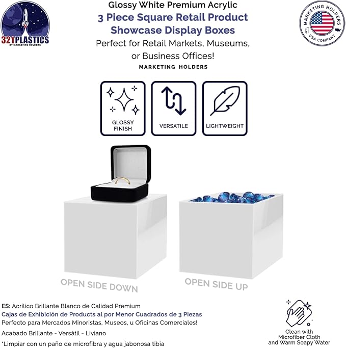 2 Pack Acrylic Display Riser Boxes 3 Piece White Retail Product Riser No Lid with Hollow Bottom 4", 5", 6" High Nesting Bins One Open Side Merchandise Storage Box by Marketing Holders - Image 4