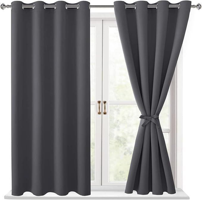 Hiasan Grommet Blackout Curtains for Bedroom, 52 x 54 Inches Long - Thermal Insulated & Light Blocking Window Curtains for Living Room, 2 Drape Panels Sewn with Tiebacks, Dark Grey by Hiasan