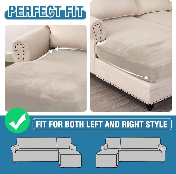 H.VERSAILTEX Velvet Stretch Individual Chaise Cover Sectional Couch Covers for L Shaped Sofa Both Left/Right Furniture Protector Seat Cushion Sofa Cover (1 Piece Chaise Cover, Oatmeal) - Image 6