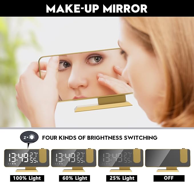 Projection Digital Alarm Clock for Bedrooms, Alarm Clock Radio on Ceiling, USB Charger Port, Temperature & Humidity Display, 7.3” Large Mirror LED Display,12/24H,Snooze,Dual Loud Clock- 4 Dimmer - Image 5
