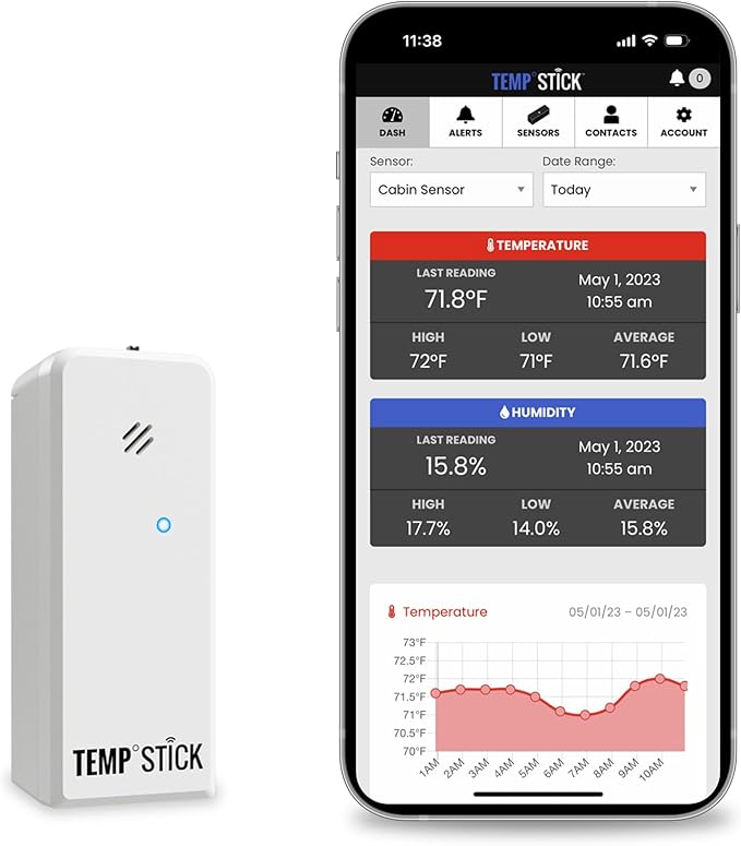 Temp Stick Remote WiFi Temperature & Humidity Sensor, Data Logger. No Subscription. 24/7 Monitor, Unlimited Text, App & Email Alerts. Made in America. Use with Alexa, IFTTT. Monitor Anywhere, Anytime by Ideal+Sciences