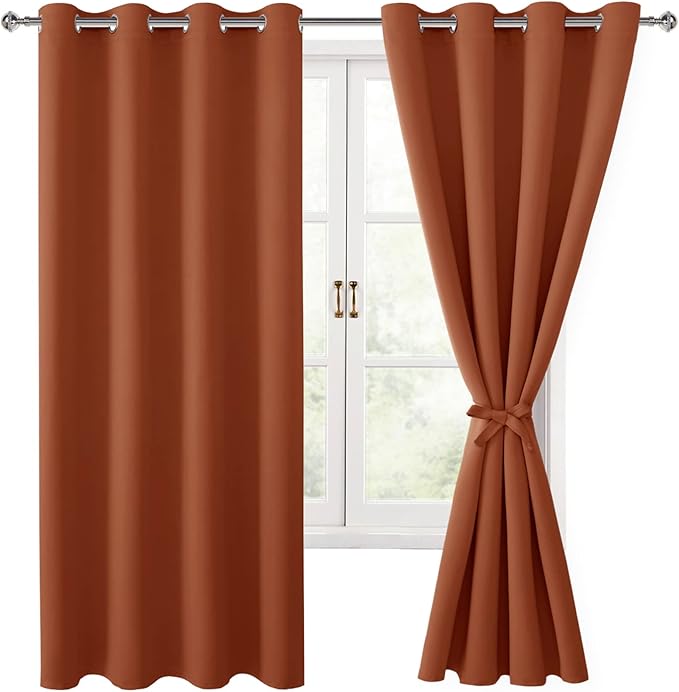 Hiasan Fall Blackout Curtains for Bedroom, 52 x 63 Inches Length - Thermal Insulated & Light Blocking Window Curtains for Living Room/Kids Room, 2 Drape Panels Sewn with Tiebacks, Burnt Ochre by Hiasan