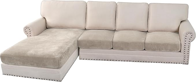 H.VERSAILTEX Velvet Stretch Sectional Couch Covers 4 Pieces Sofa Seat Cushion Covers L Shape Separate Couch Cover for Both Left/Right Sectional Couch (Large Sofa 3 Seater + 1 Chaise, French Oak) by HVERSAILTEX