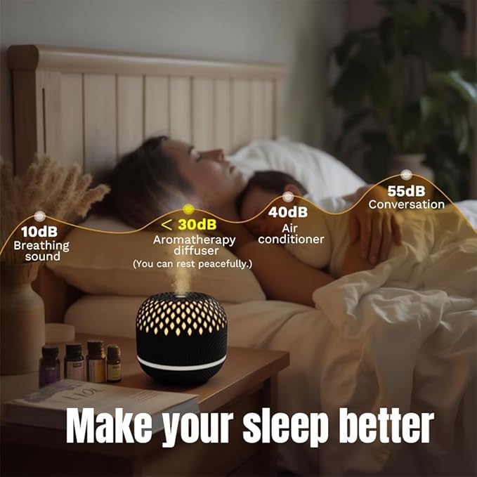 Essential Oil Diffuser 300ml for Home Bedroom, Aromatherapy Oil Diffuser with 3H 6H Timer, 7 Color Light, USB Type-C, Hollow Design, Auto Shut-Off(Dark Woodgrain, Openwork) - Image 3