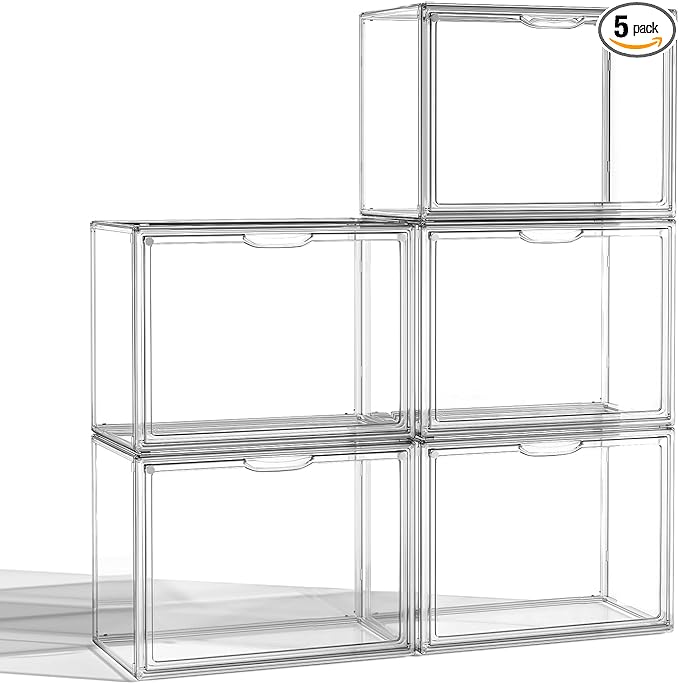 Clear Acrylic Display Case, Large Stackable Storage Bins Magnetic Attraction Lids, 5 Pack Acrylic Box Showcase for Collectibles, Figures, Cosmetic, Purse, Handbag, Wallet, 10.7x8.6x14.2 inch by HOYOJA