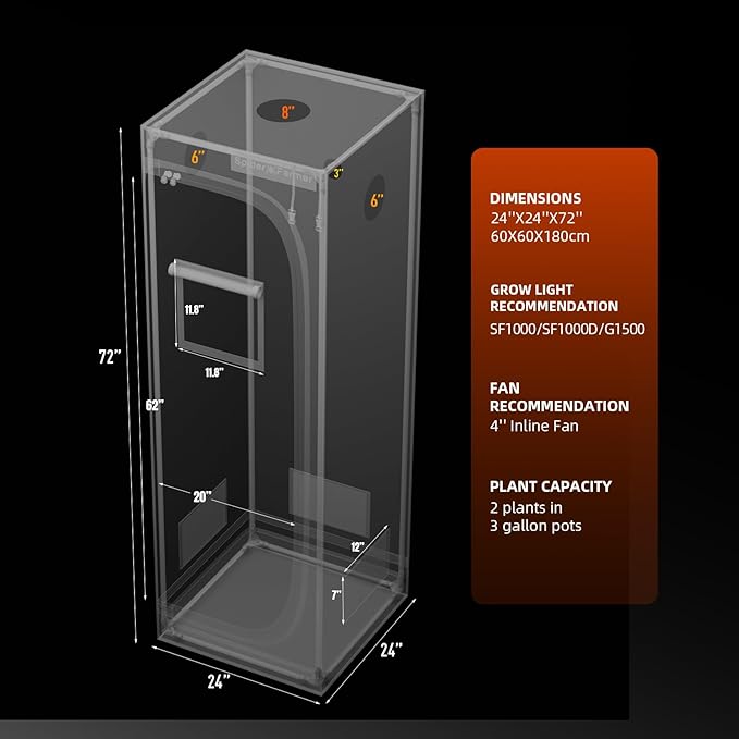 Spider Farmer 2x2x6 Grow Tent 2025 New, 24"x24"x72", with Hook for Controller, View Window, Side Buckle for Door, 1680D Thicken Mylar Canvas for Indoor Hydroponic Growing for SF1000, SE1500, G1500 - Image 7