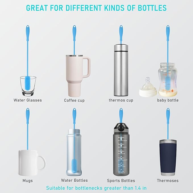 15.7" Silicone Bottle Brush, ddLUCK Water Bottle Cleaner Brush for Stanley, Hydroflasks, Glass, Thermos Sports Bottle, Vase and Glassware, Bottle Brush Cleaner for Small Narrow Neck Containers (Blue) - Image 2