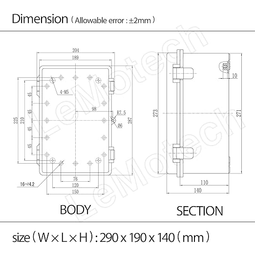Junction Box ABS Plastic IP65 Waterproof Dustproof Universal Electrical Enclosure, Hinged Shell Outdoor and Indoor Usage Project Box11.4"x 7.5" x 5.5"(290 x 190 x 140mm), Grey - Image 7