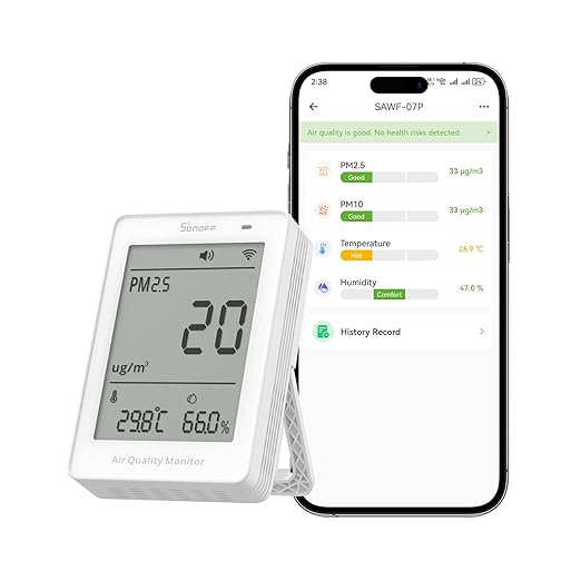 SONOFF Smart Indoor Air Quality Monitor with PM2.5, PM10, Temperature & Humidity Sensor, Real-Time Display & Alarm, Matter-Compatible, 2.4GHz WiFi, 3.73-inch Screen, for Bedroom, Nusery Room by SONOFF