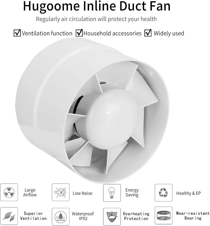 HUGOOME Inline Duct Fan 4 Inch Vent Booster, HVAC Exhaust Intake Fans 76 CFM, Ventilation Blower for Grow Tent Attic Kitchen Garage Greenhouse Basement (Φ 4 inch/110v) - Image 6