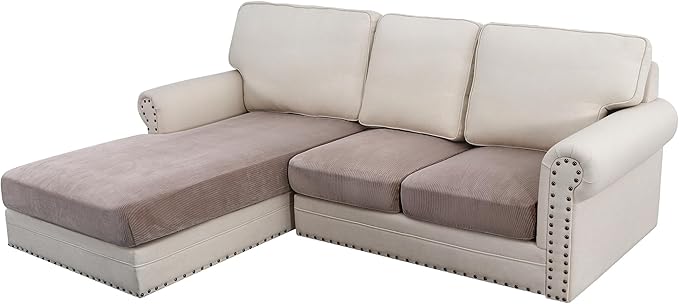 H.VERSAILTEX Velvet Stretch Sectional Sofa Covers - 3 Pieces, L-Shaped Chaise, Taupe Striped by HVERSAILTEX