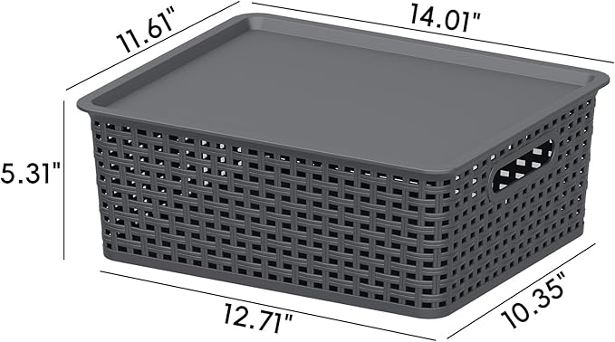 13 Quart Plastic Storage Baskets with Lid, Weave Organizing Bins, Gray, 6 Packs - Image 3