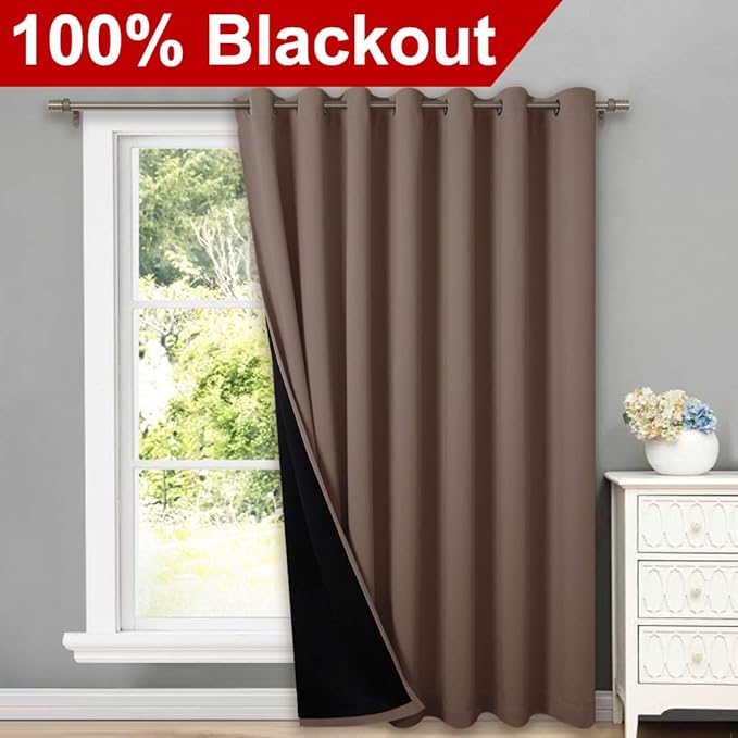 NICETOWN Room Warming Thermal Insulated 100% Blackout Long Curtain, Grommet Slider Curtain Panel with Black Lining, Full Light Blocking Patio Door Panel (Cappuccino, 1 PC, 100 inches x 95 inches) - Image 2
