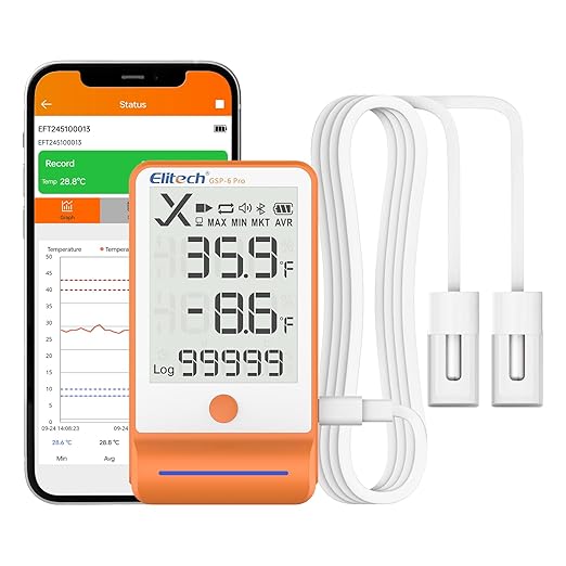 Elitech Bluetooth Thermometer Data Logger Temperature for Refrigerator with Shadow Data 100000 Points Export PDF/CSV Report, Pharmacy Vaccine DDL Certificate, MAX MIN with Dual Probe, GSP-6G-TDE by Elitech