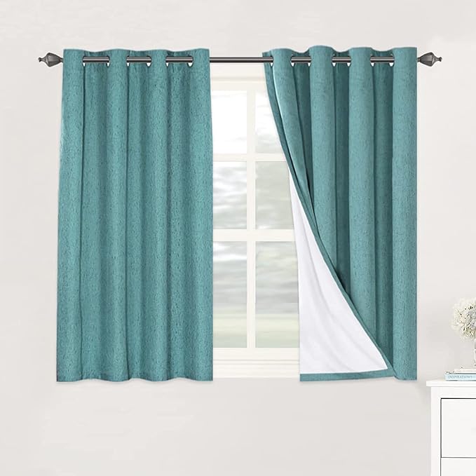 H.VERSAILTEX Linen Blackout Curtains 45 Inches Long 100% Absolutely Blackout Thermal Insulated Textured Linen Look Curtain Draperies Anti-Rust Grommet, Energy Saving with White Liner, 2 Panels, Teal by HVERSAILTEX