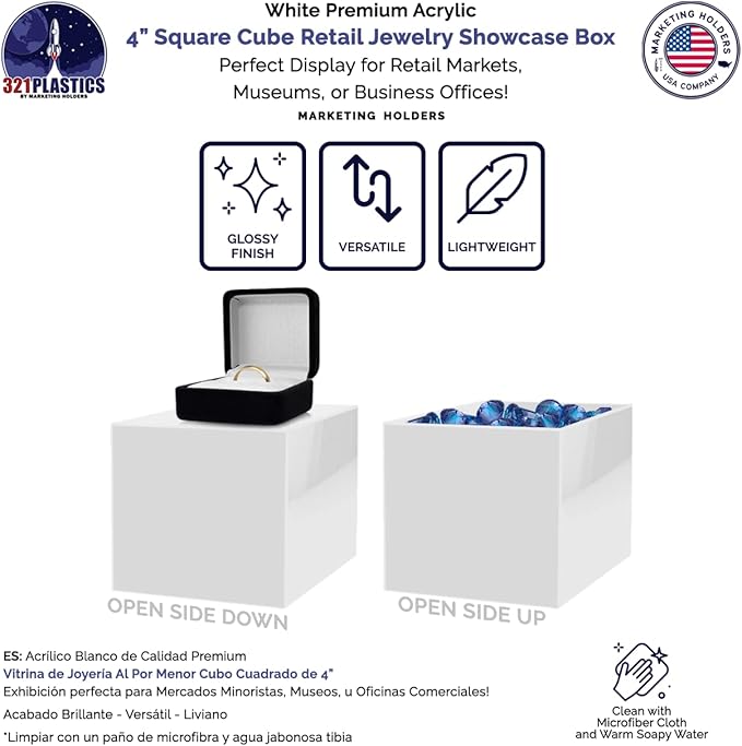 2 Pack 4" Acrylic Display Riser Box with One Open Side No Lid Versatile Glossy White Square Retail Merchandise Storage Bin or Product Platform No Assembly by Marketing Holders - Image 4