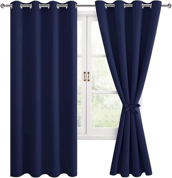 Hiasan Blackout Curtains for Bedroom, 52 x 63 Inches Length - Thermal Insulated & Light Blocking Window Curtains for Living Room, 2 Drape Panels Sewn with Tiebacks, Navy Blue - Image 6