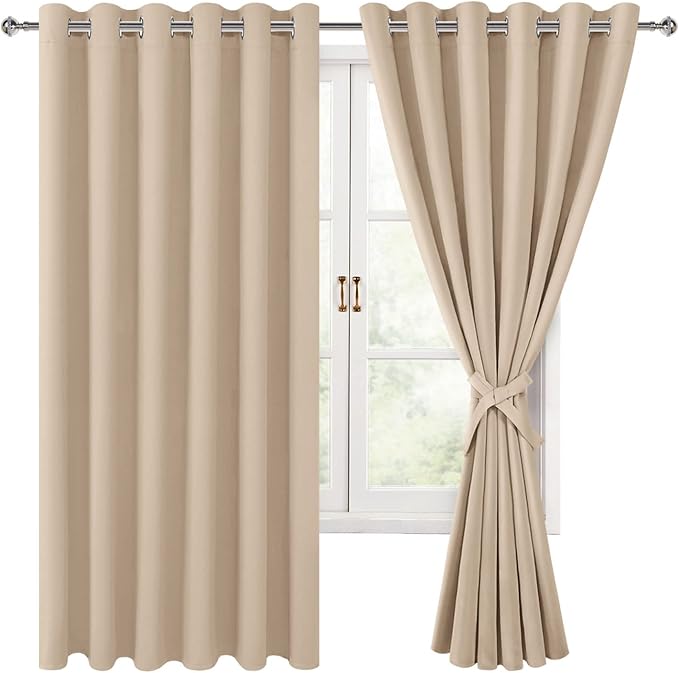 Hiasan Grommet Blackout Curtains for Bedroom, 70 x 63 Inches - Thermal Insulated & Light Blocking Window Drapes for Living Room/Dorm Room, Set of 2 Panels Sewn with Tiebacks, Beige by Hiasan